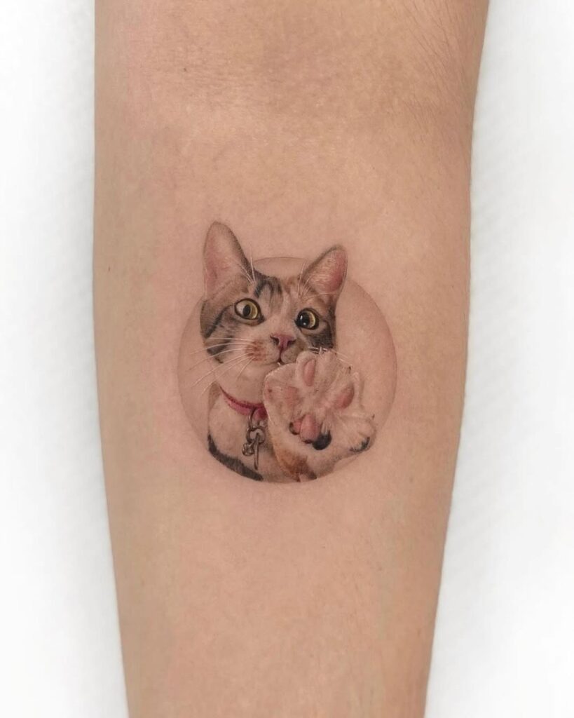 Adorable Tabby Cat Tattoo with Paw Detail Tattoo Design