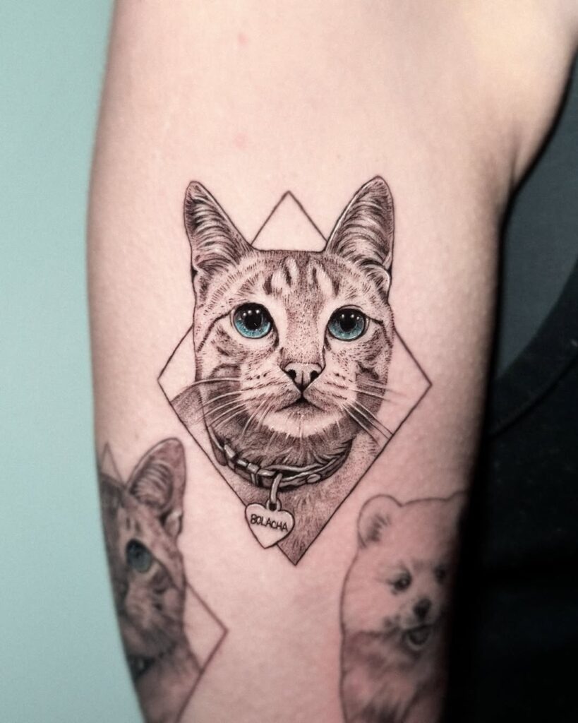Blue-Eyed Cat Tattoo in Geometric Frame Tattoo Design