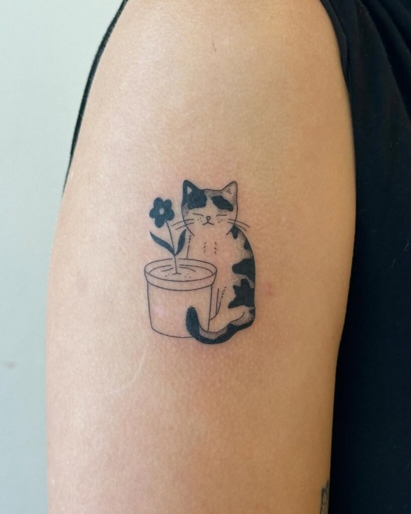 Cat and Flower Pot Tattoo Tattoo Design