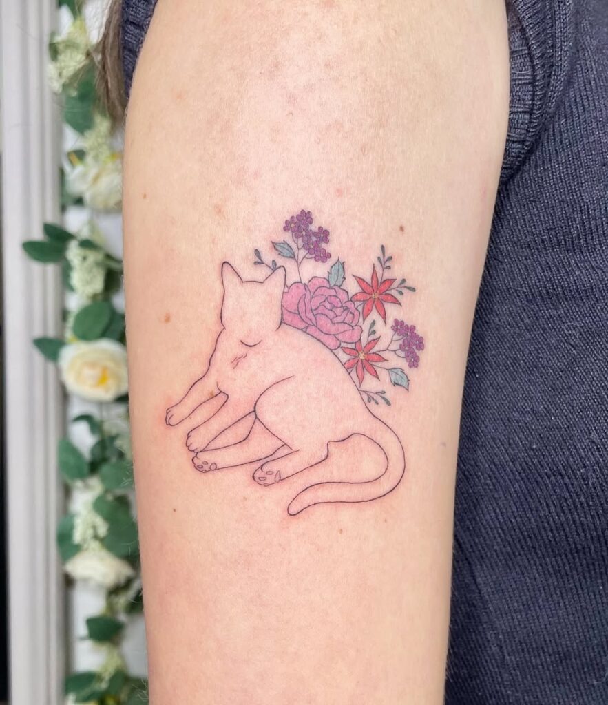 Cat Outline with Floral Harmony Tattoo Design