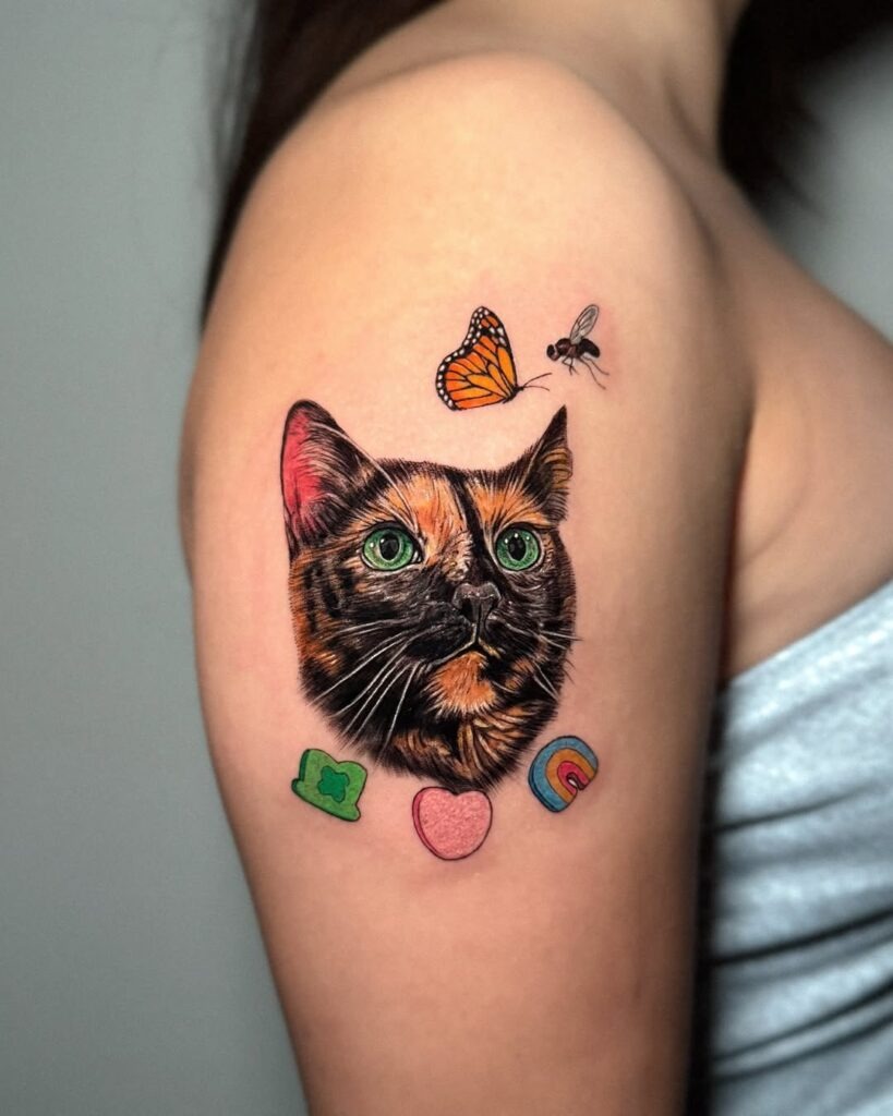 Colorful Cat Portrait with Butterfly and Trinkets Tattoo Design