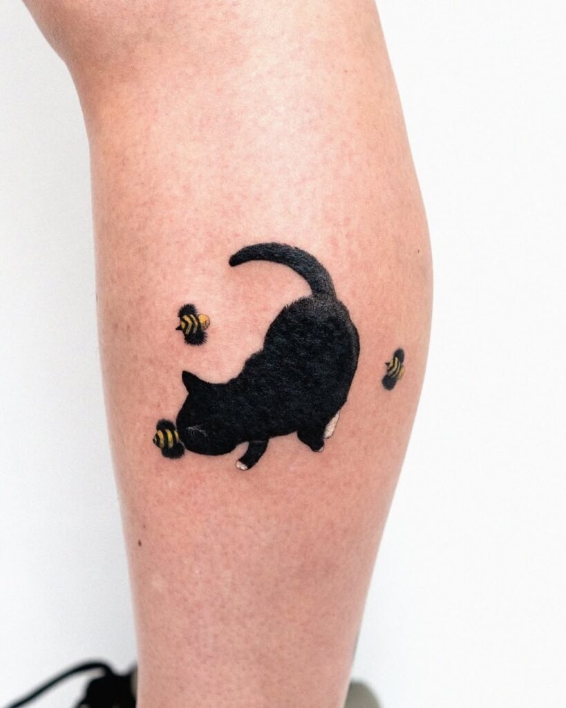 Curious Black Cat with Bees Tattoo Tattoo Design