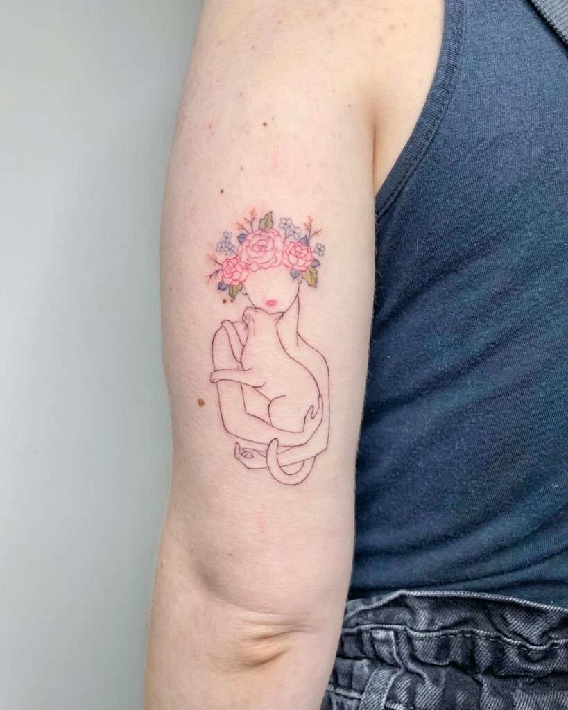 Floral Cat Silhouette Tattoo Design