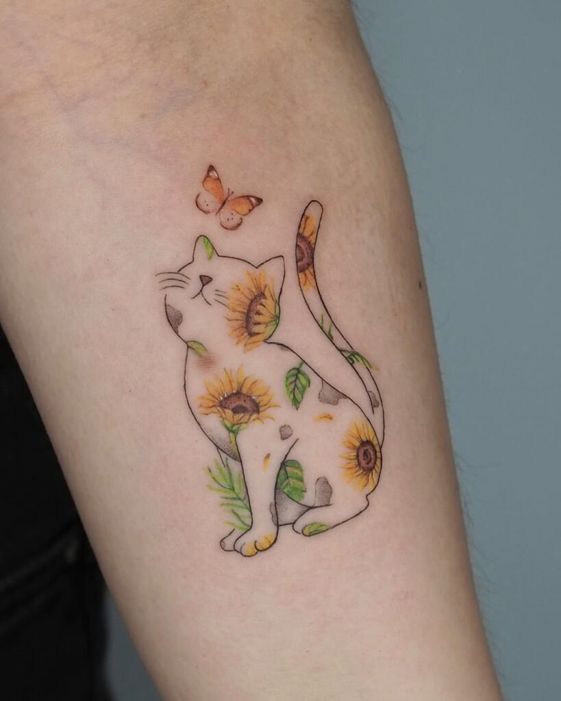Floral Cat with Butterfly Tattoo Tattoo Design