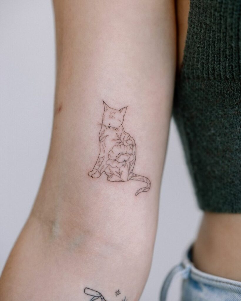 Floral Pattern Cat Tattoo - Elegance and Grace Combined Tattoo Design