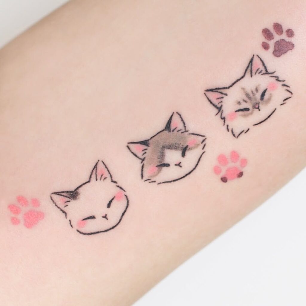 Kawaii Cat Heads with Paws Tattoo Design