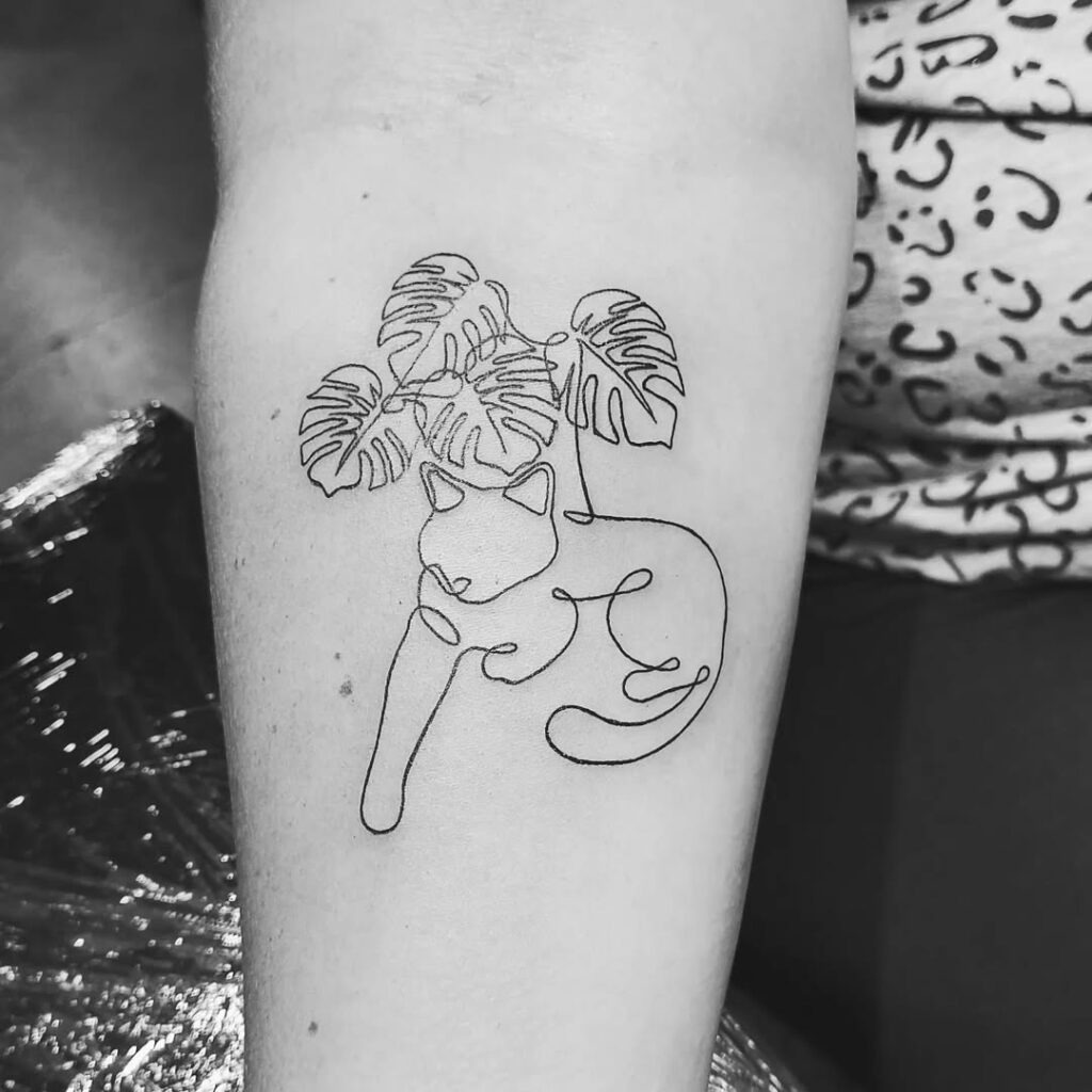 Minimalist Cat with Monstera Leaves Tattoo Tattoo Design