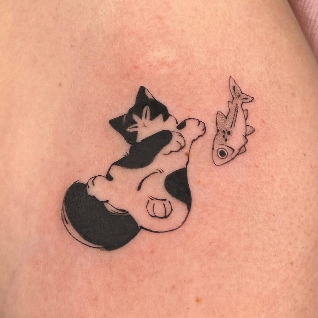 Playful Cat and Fish Tattoo Tattoo Design