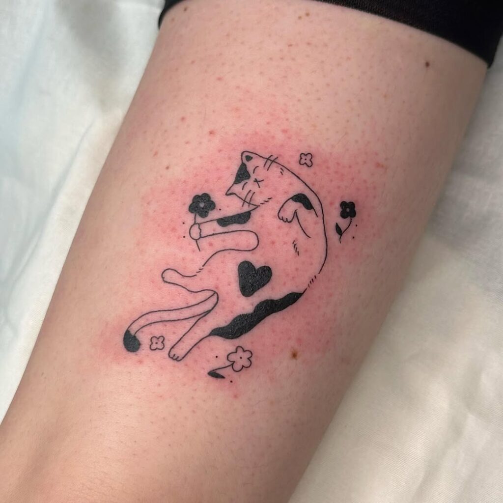 Playful Cat with Heart Tattoo Tattoo Design