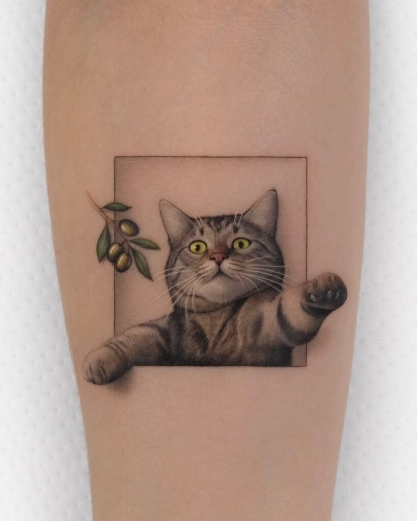 Playful Cat with Olive Branch Tattoo Tattoo Design