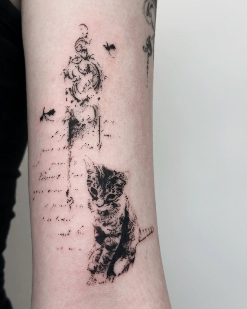 Poetic Cat with Abstract Elements Tattoo Design