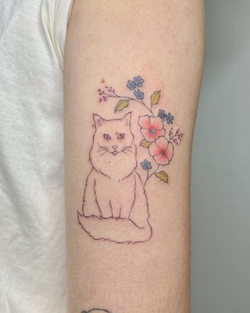 Regal Cat in Bloom Tattoo Design