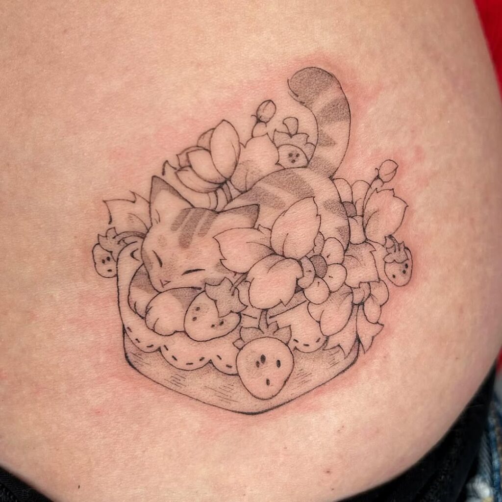Sleeping Cat in Floral Strawberry Basket Tattoo Tattoo Design
