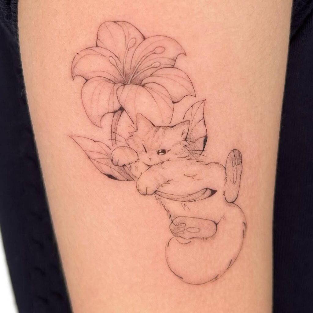 Whimsical Cat with Lily Tattoo Design