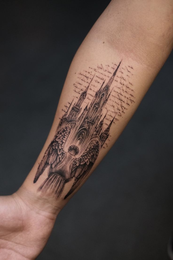 Angel and Cathedral Forearm Piece Tattoo Design