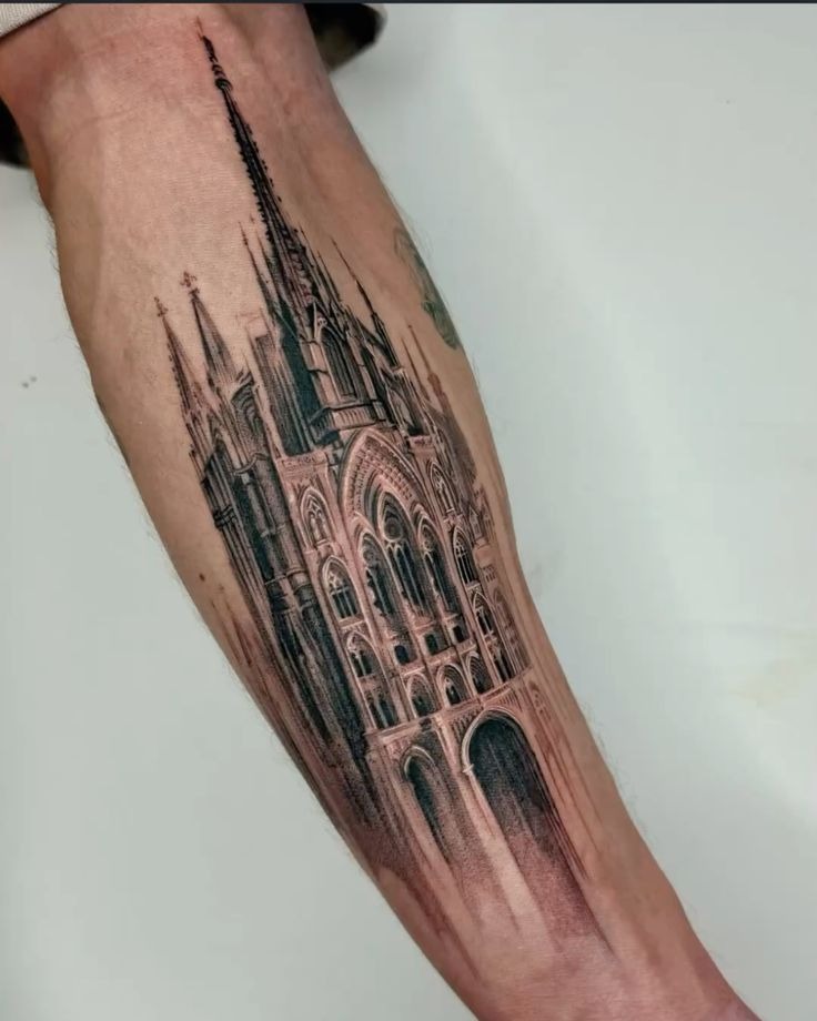 Detailed Cathedral Forearm Architecture Tattoo Design