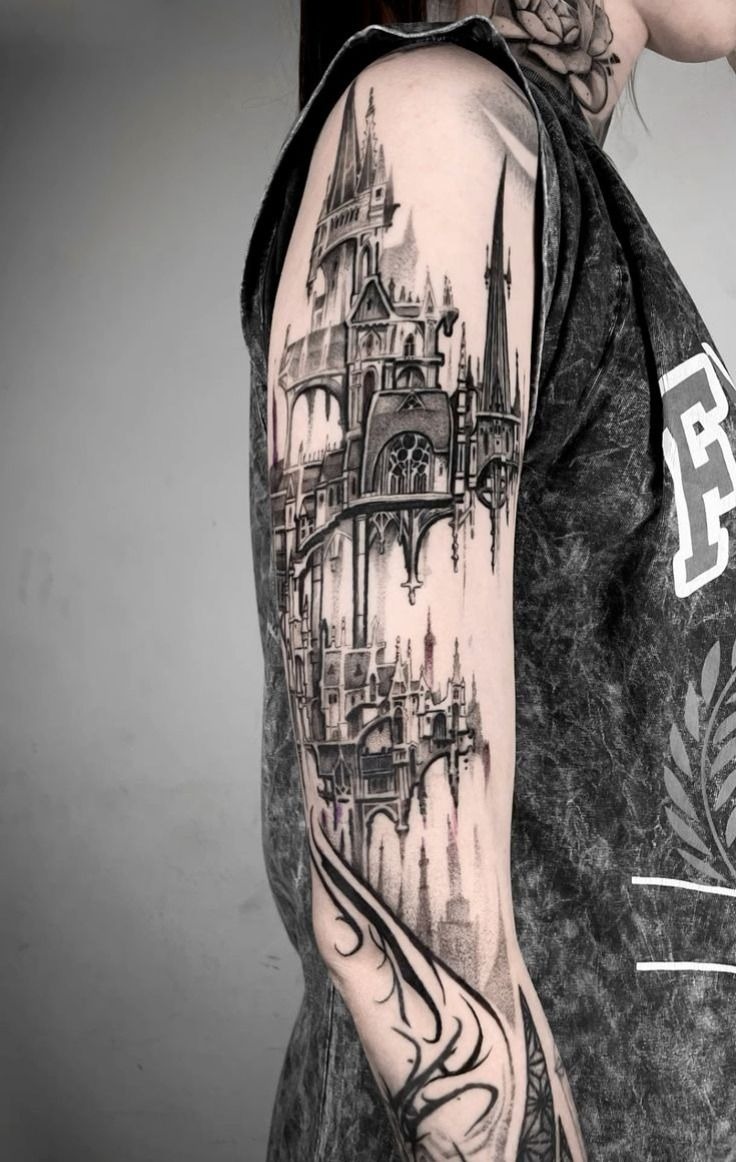 Floating Cathedral Sleeve Piece Tattoo Design