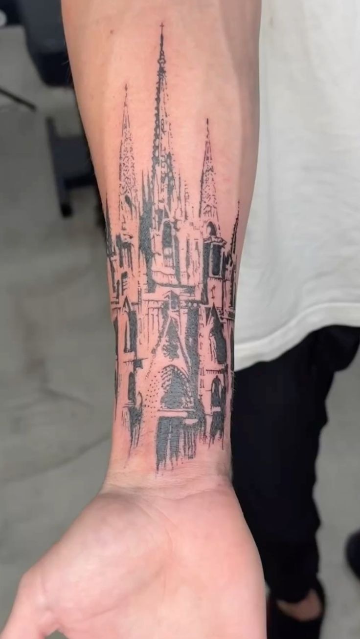 Soft Sketch Cathedral on the Inner Arm Tattoo Design