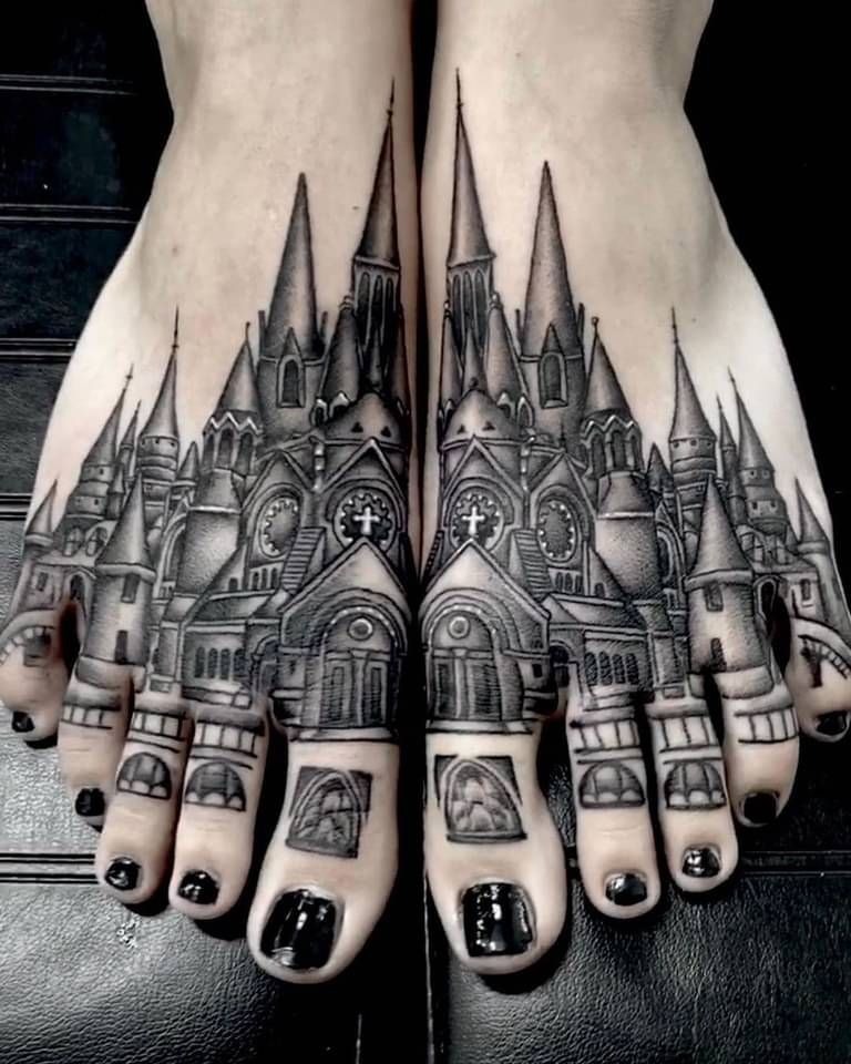 Tall Cathedral Spire on the Lower Leg Tattoo Design