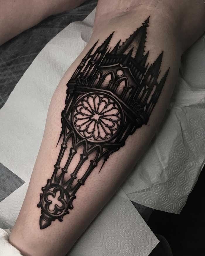 Twin-Spire Cathedral Thigh Tattoo Tattoo Design
