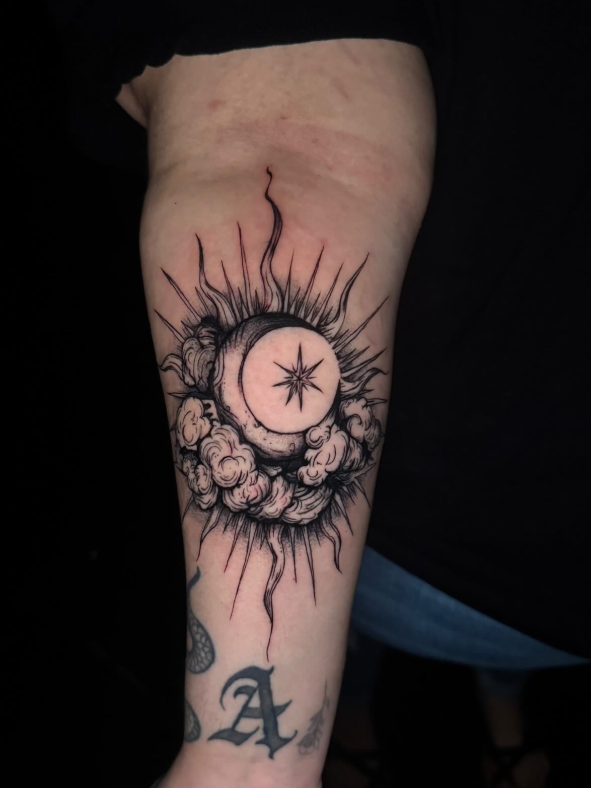 Moon and Starburst Cloud Tattoo Tattoo Design