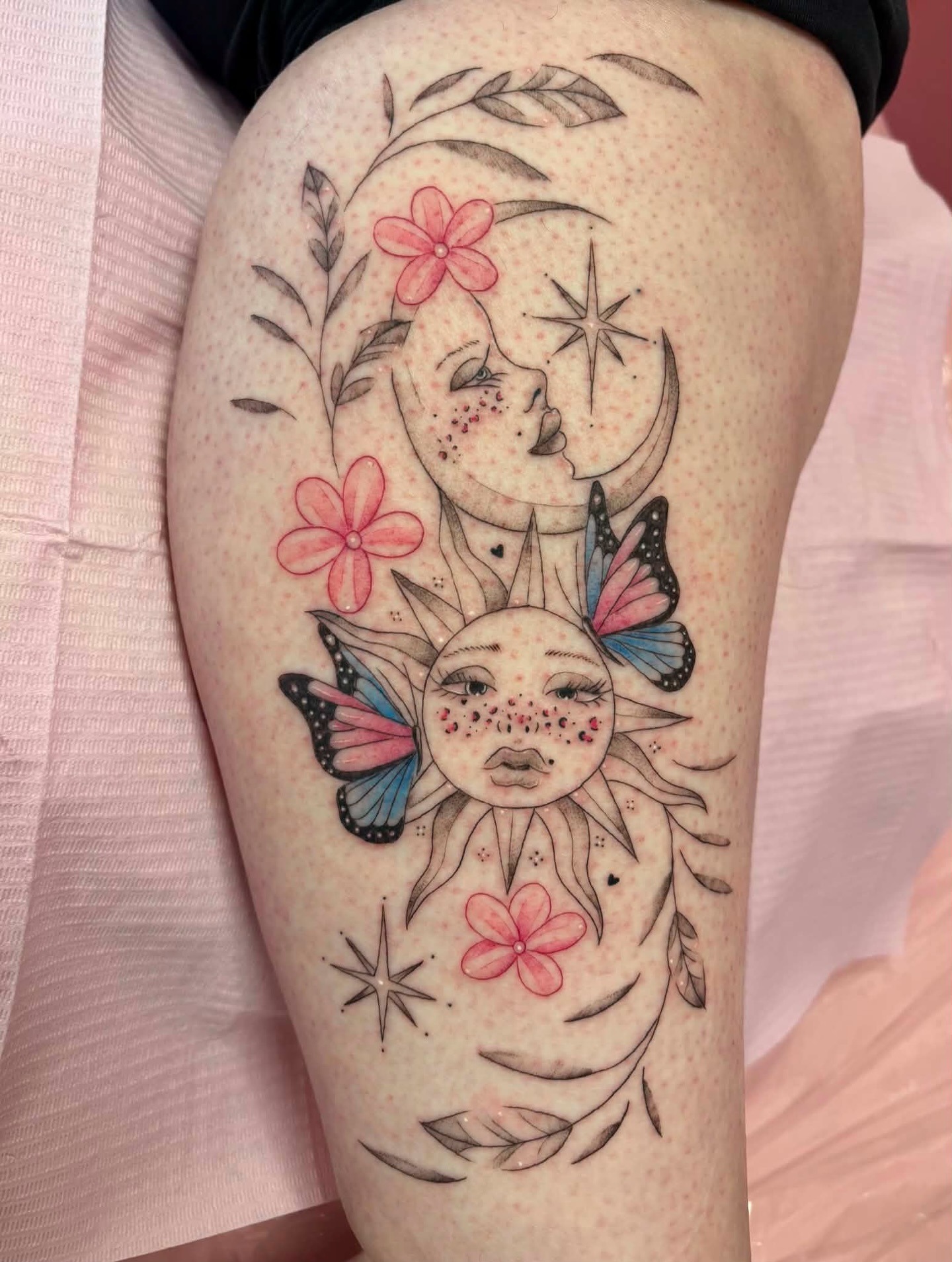 Sun, Moon, and Butterfly Tattoo Tattoo Design