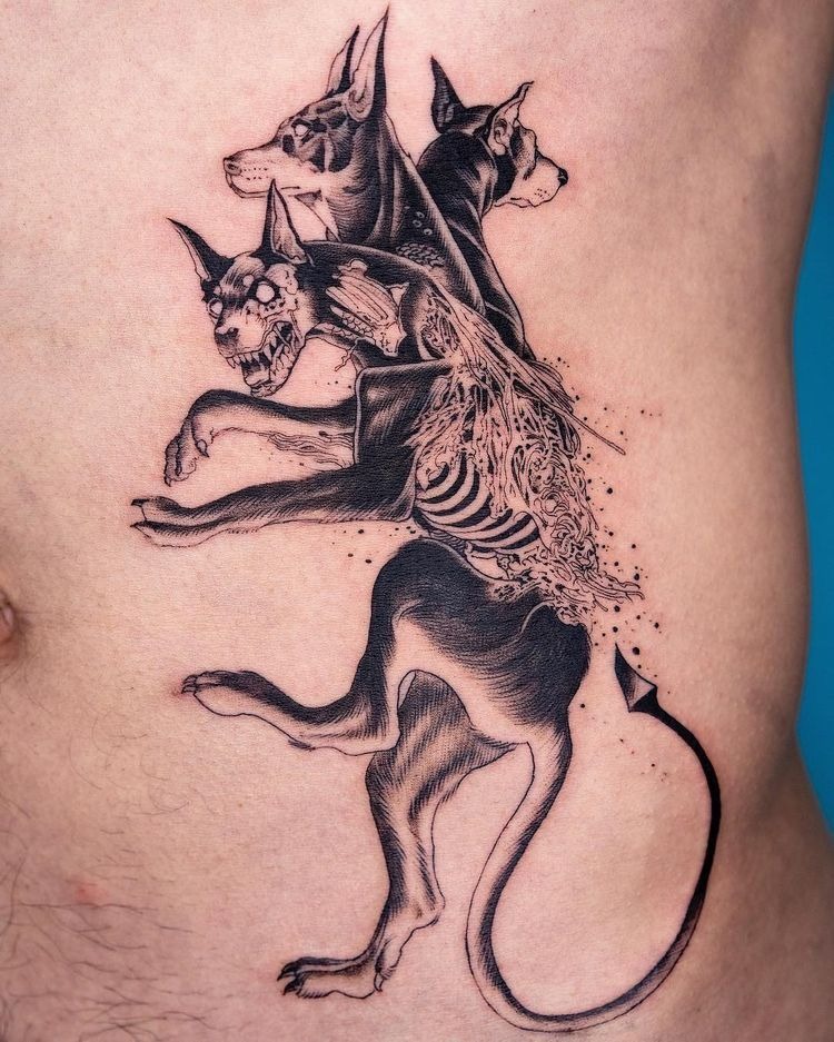 Anatomical Split Cerberus on Side Tattoo Design