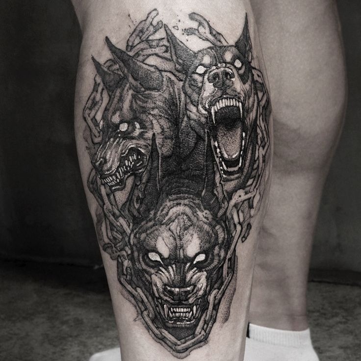Brutalist Chain Cerberus With Void Eyes Tattoo Design