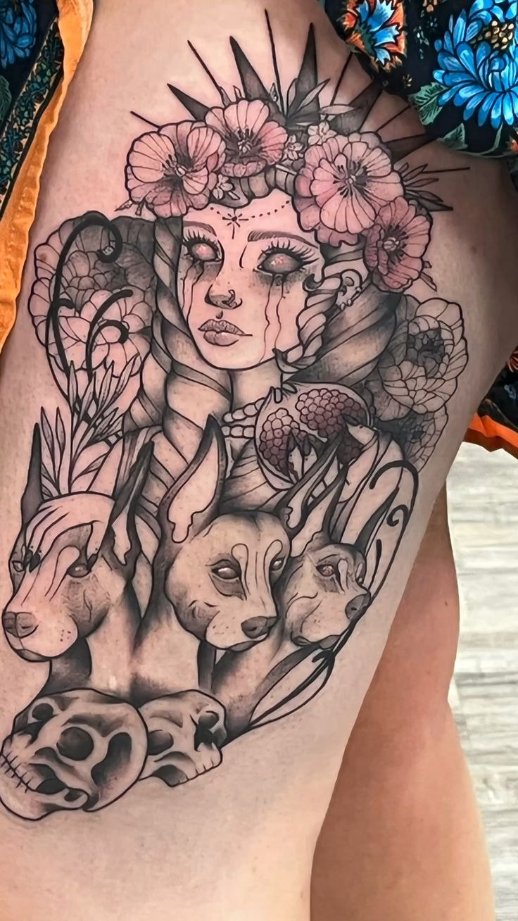 Cerberus and Queen of Skulls Tattoo Design