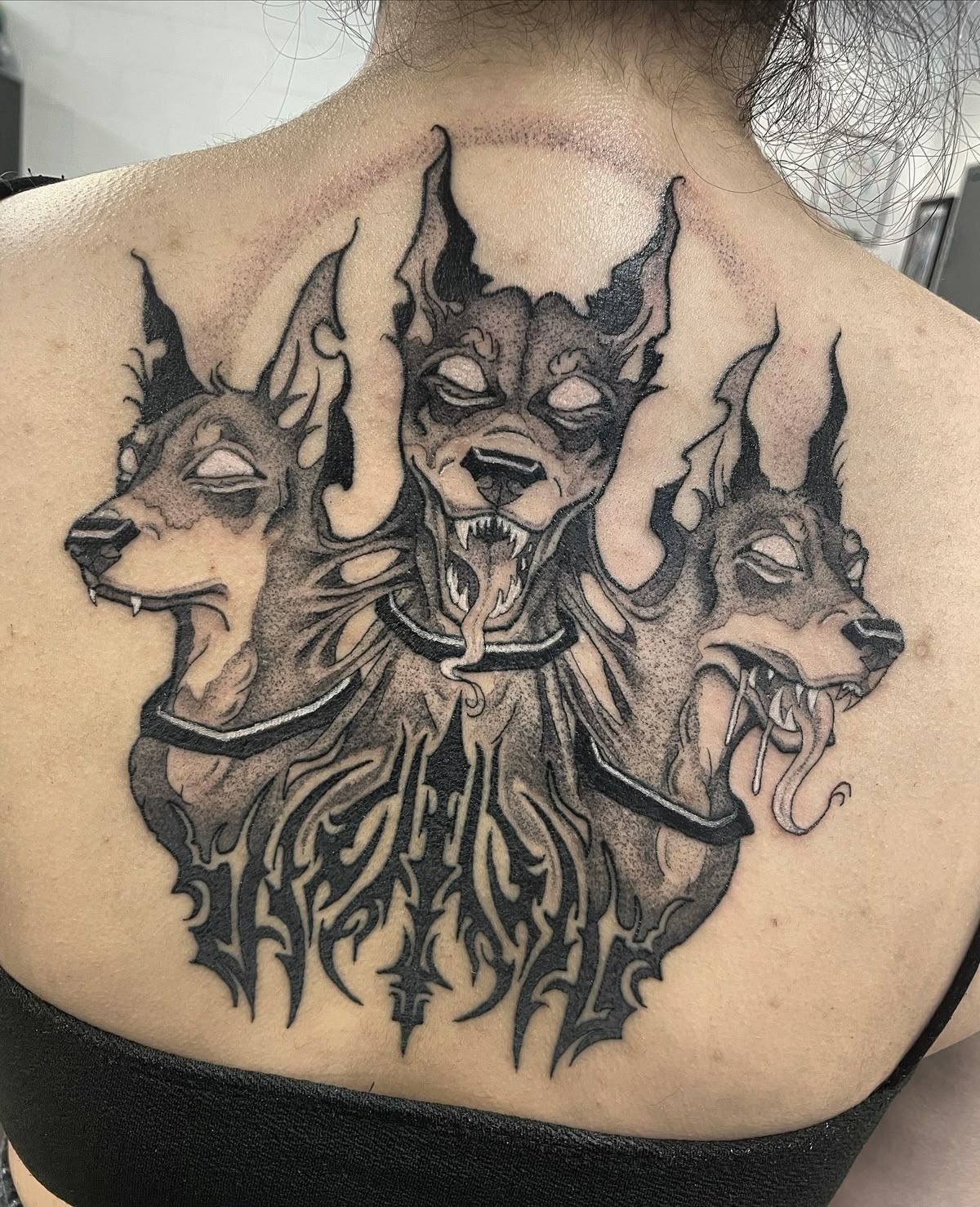 Cerberus With Infernal Elegance Tattoo Design