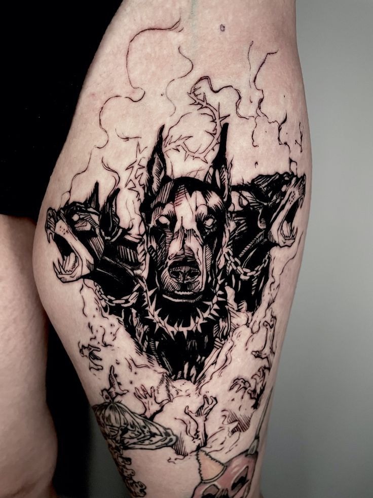 Explosive Neo Cerberus With Infernal Lines Tattoo Design