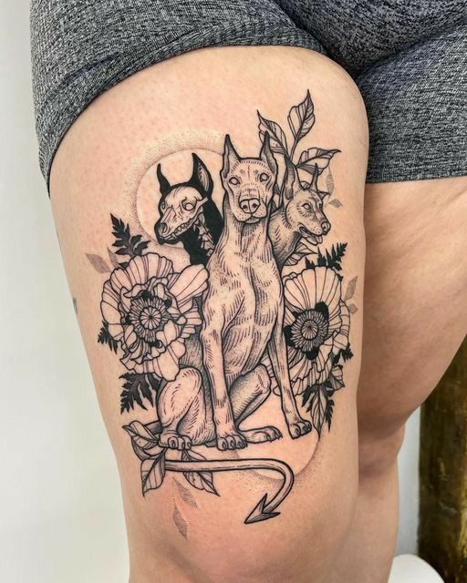 Feminine Cerberus With Floral Accents Tattoo Design