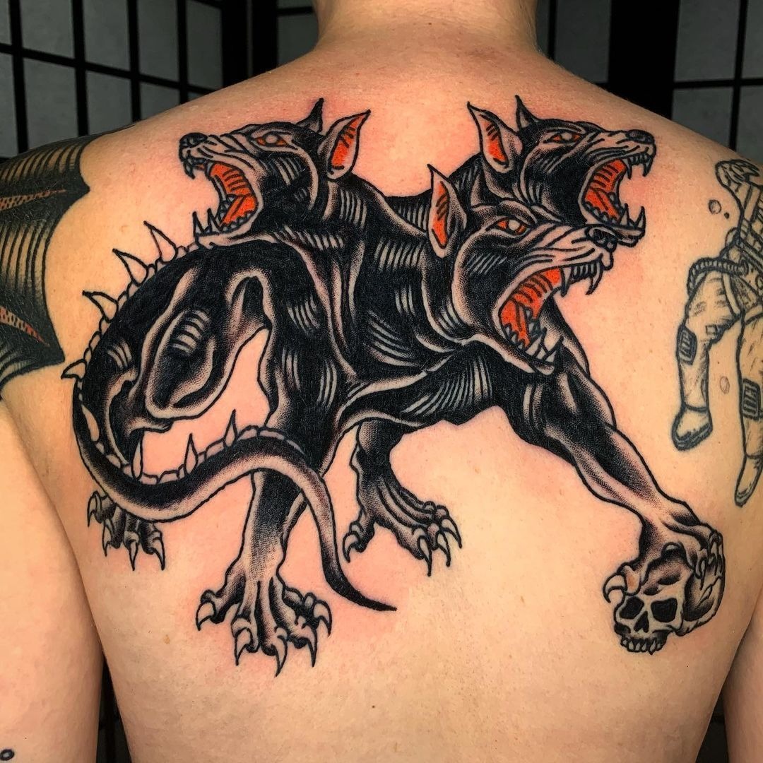 Fiery Cerberus in American Traditional Style Tattoo Design