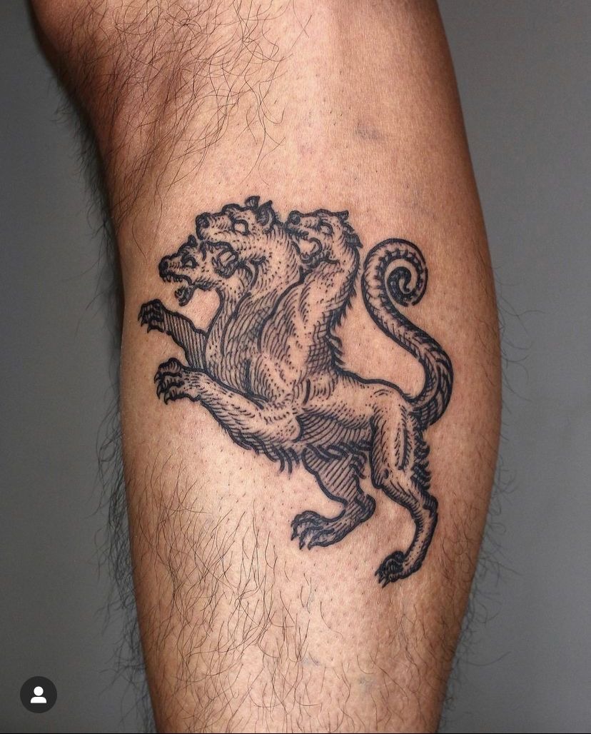 Miniature Heraldic Cerberus Tattoo Design