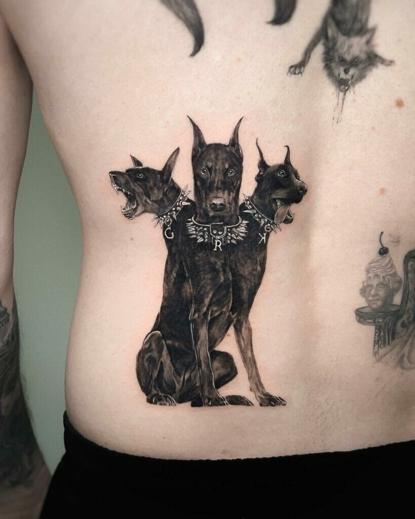 Realism Cerberus with Collar Initials Tattoo Design