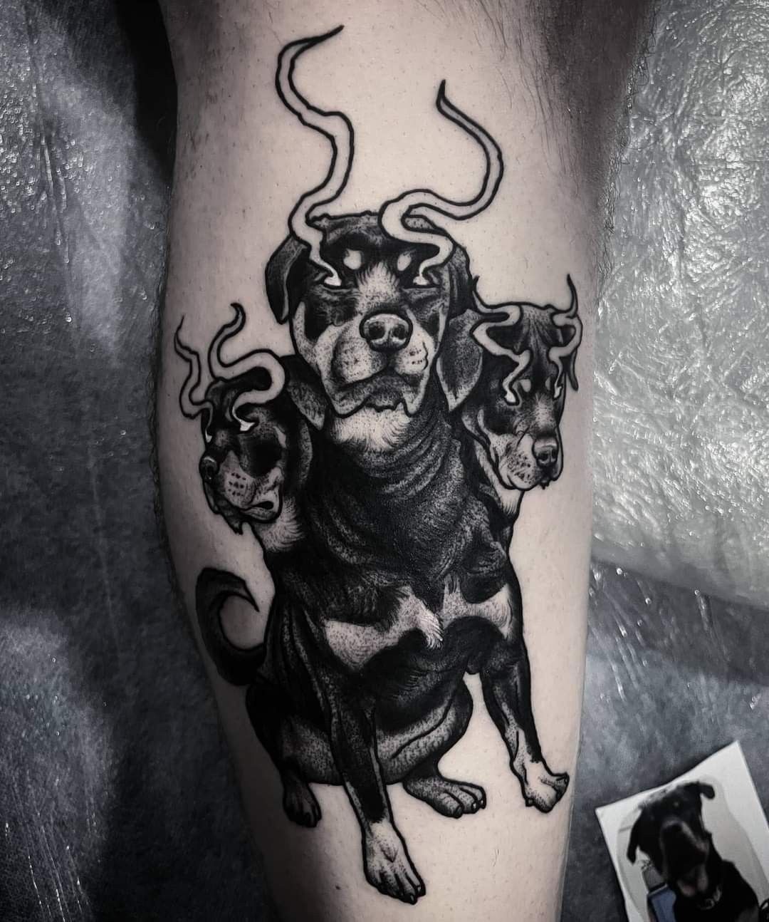 Smoked-Eye Rottweiler Cerberus Tattoo Design