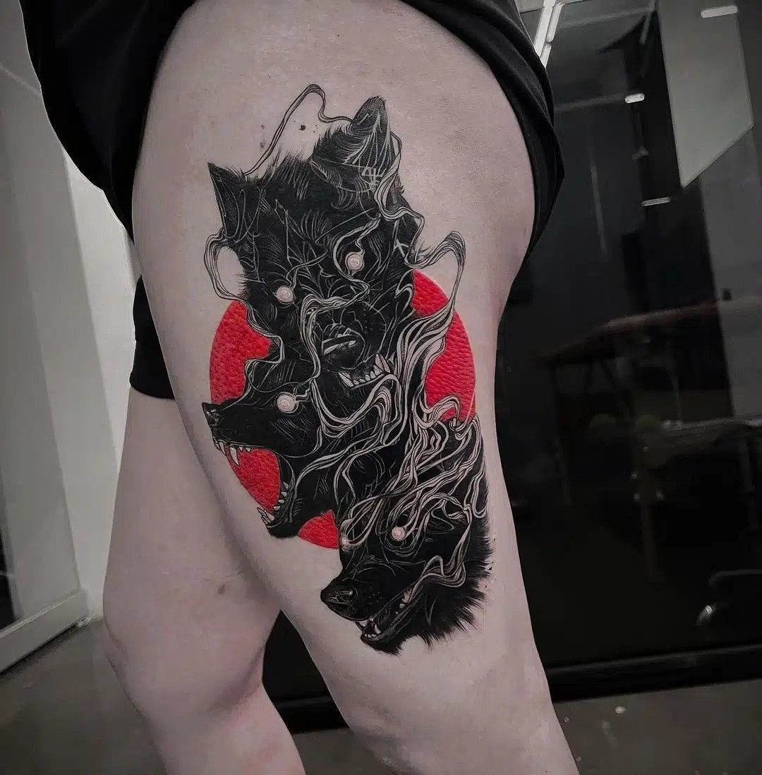Smoky Cerberus Over Red Sun Tattoo Design