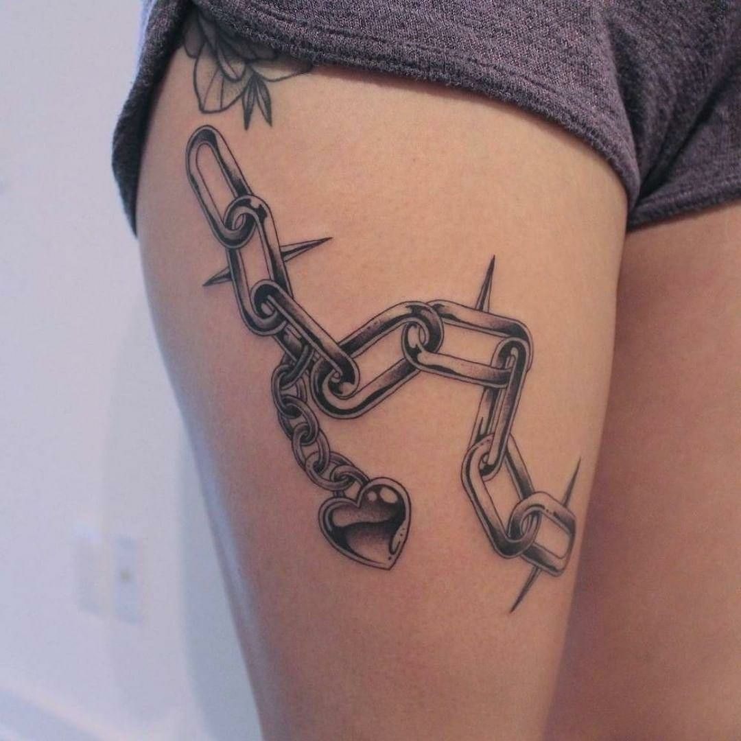 Chain and Heart Lock Thigh Tattoo Tattoo Design