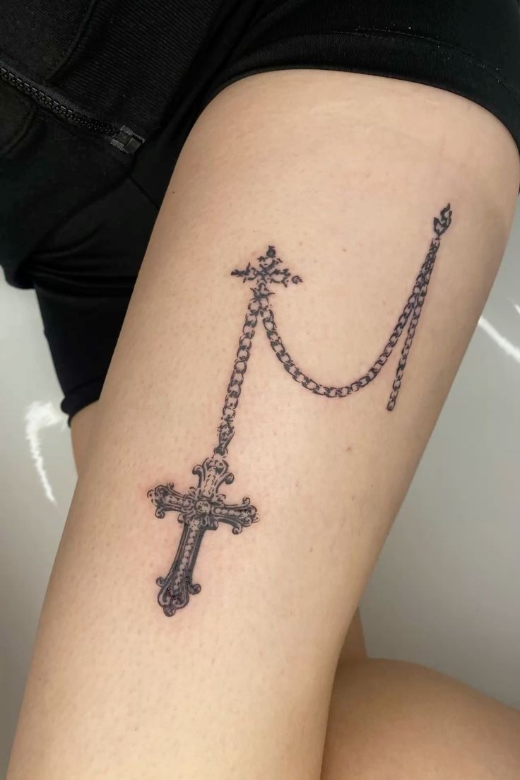 Cross and Chain Drop Design Tattoo Design
