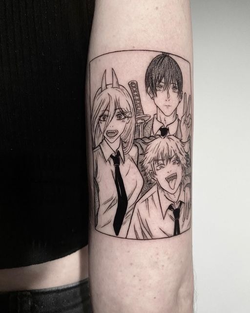 Trio of Heroes: Chainsaw Man, Power, and Aki Tattoo Design