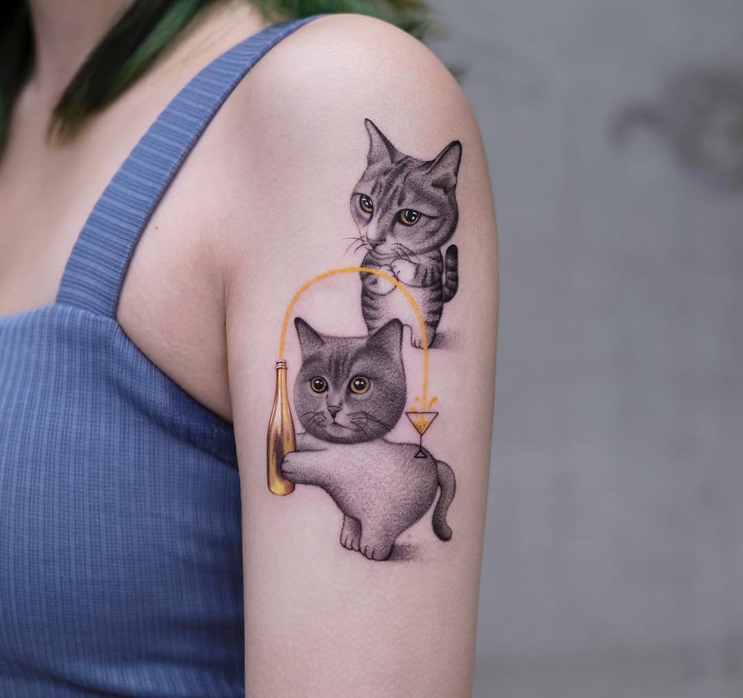 Creative cats celebrate with champagne tattoos Tattoo Design