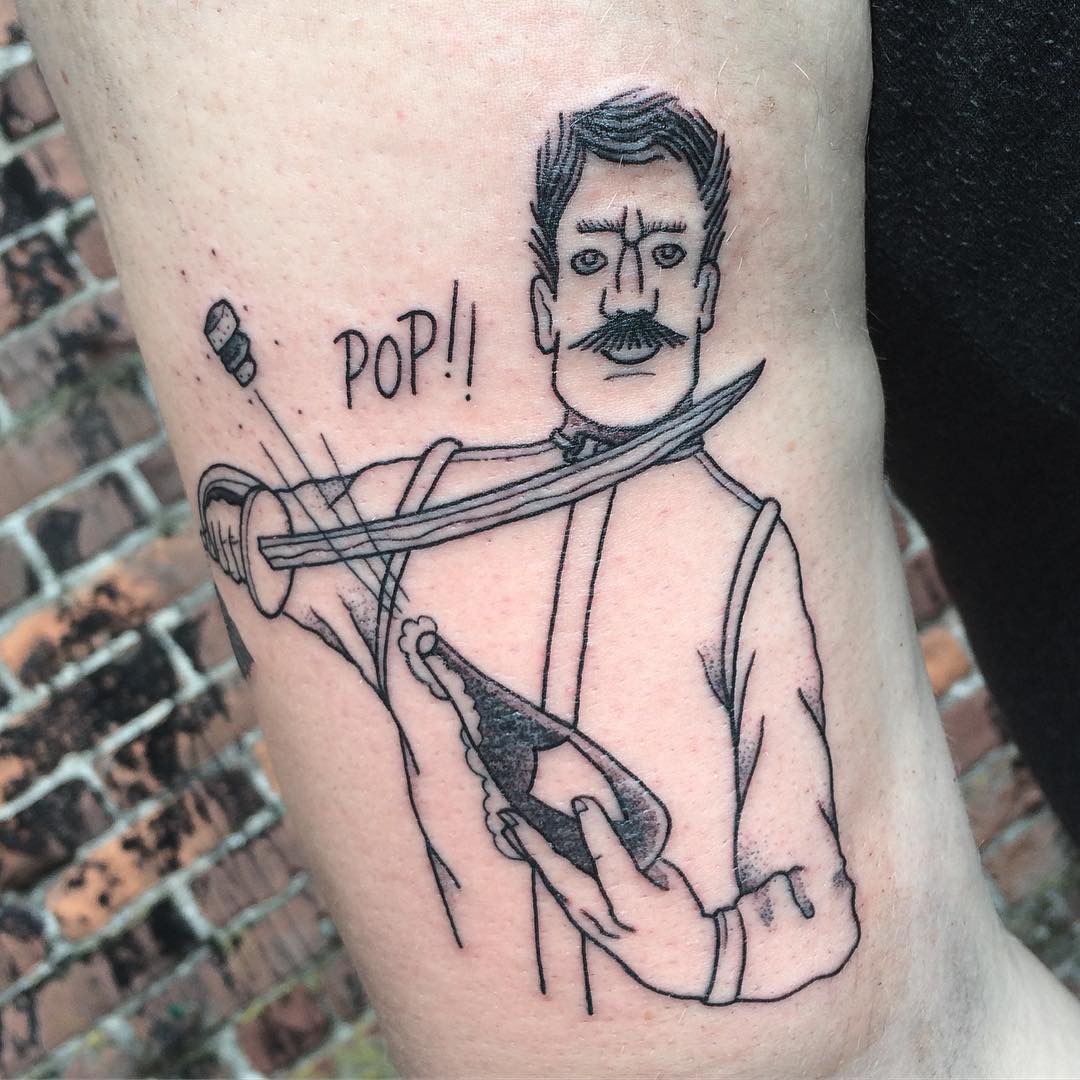Dynamic champagne sabering tattoo with vintage flair Tattoo Design