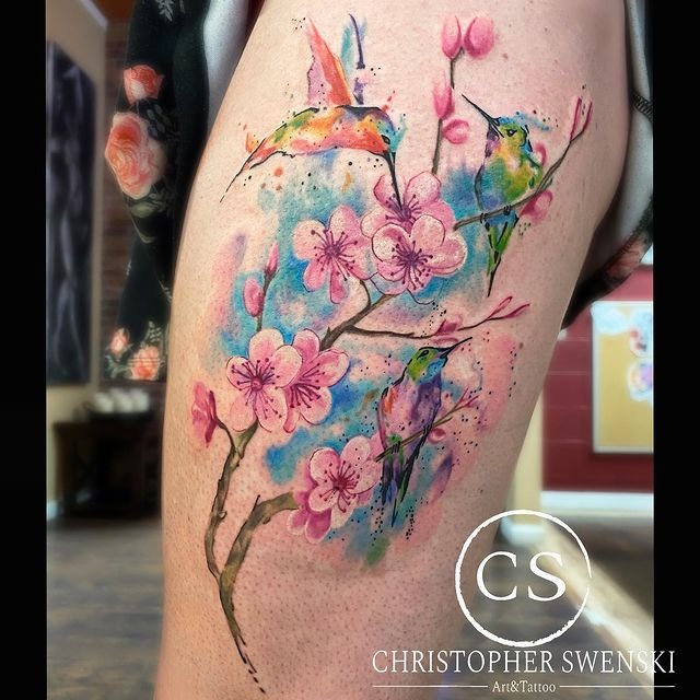 Blossoms and Bright WatercolorHummingbird Tattoo Tattoo Design