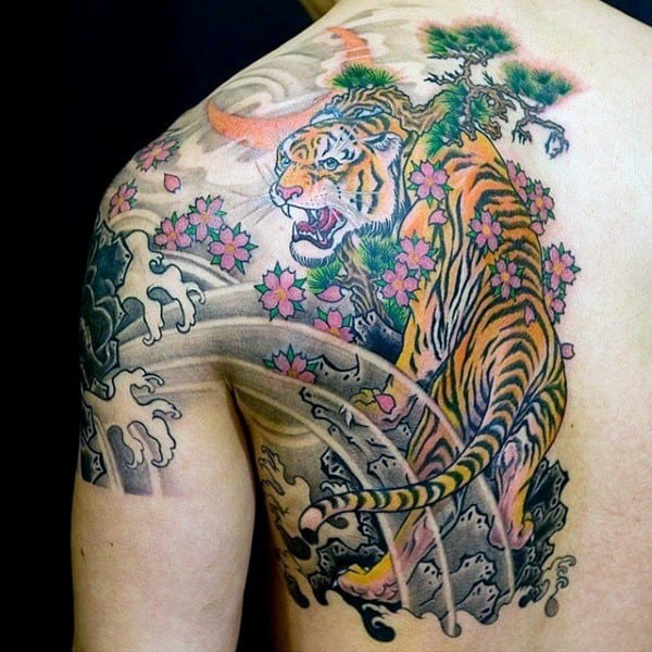 Cherry Blossom Tattoos with a Wild Tiger Tattoo Design
