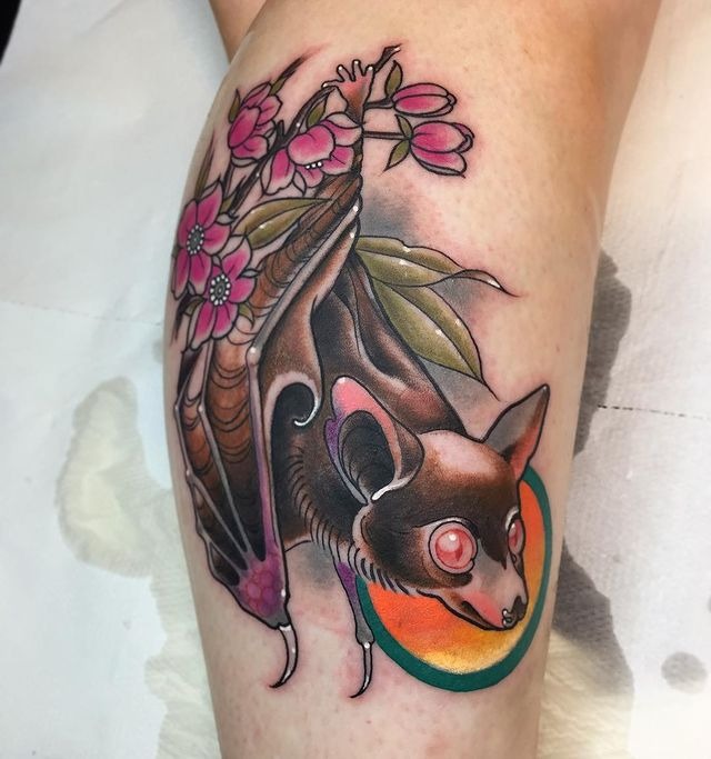 That Bat Hanging From the Cherry Blossom Tree Tattoo Design