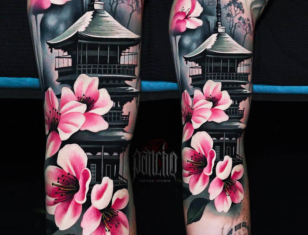 The Clear, Detailed Pagoda with Cherry Blossom Tattoos Tattoo Design