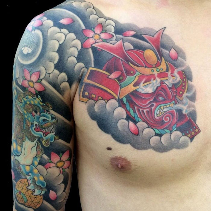 The Dragon and Warrior Chest Piece Tattoo Design