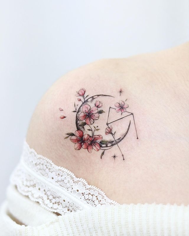 The Geometric Crescent Moon with Flowers Tattoo Design