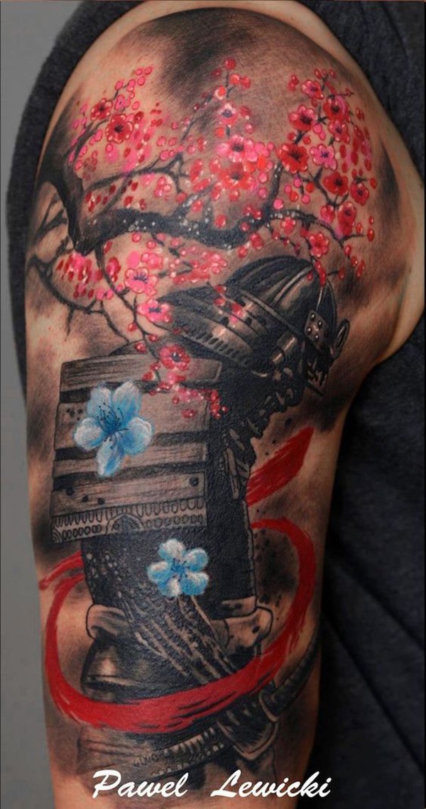 The Grieving Samurai and the Cherry Blossom Tree Tattoo Design