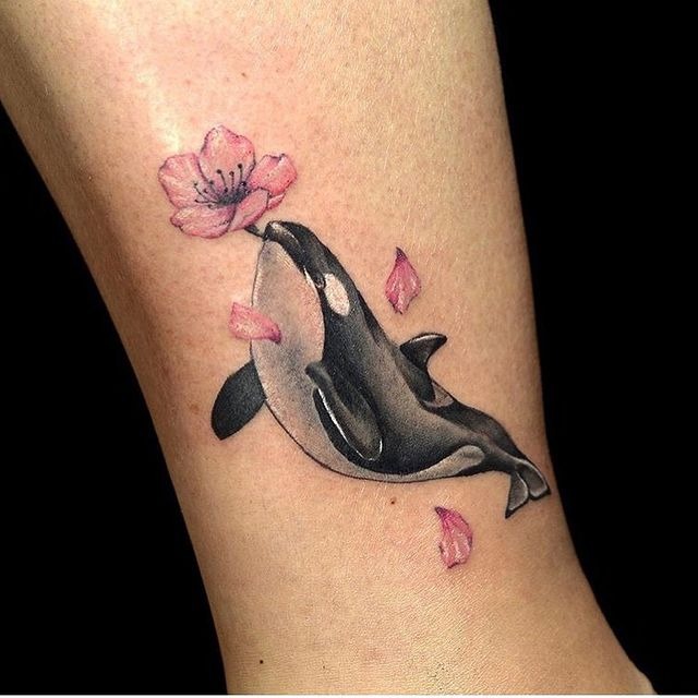 The Orca and the Cherry Blossoms Bloom Tattoo Design